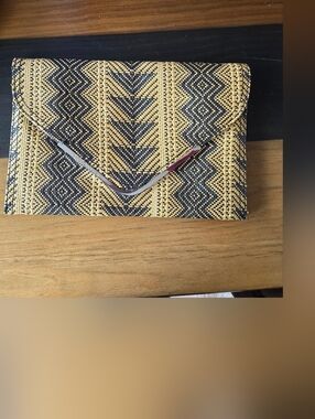 BCBGeneration Large Black Natural Woven Clutch Metallic Trim Envelope Purse Bag